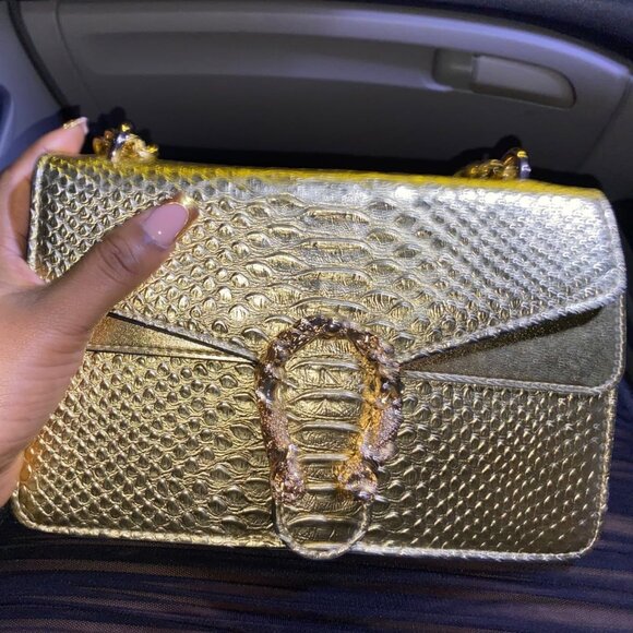 Neiman Marcus Gold Reptile Horsebit Satchel Handbag - Picture 1 of 4